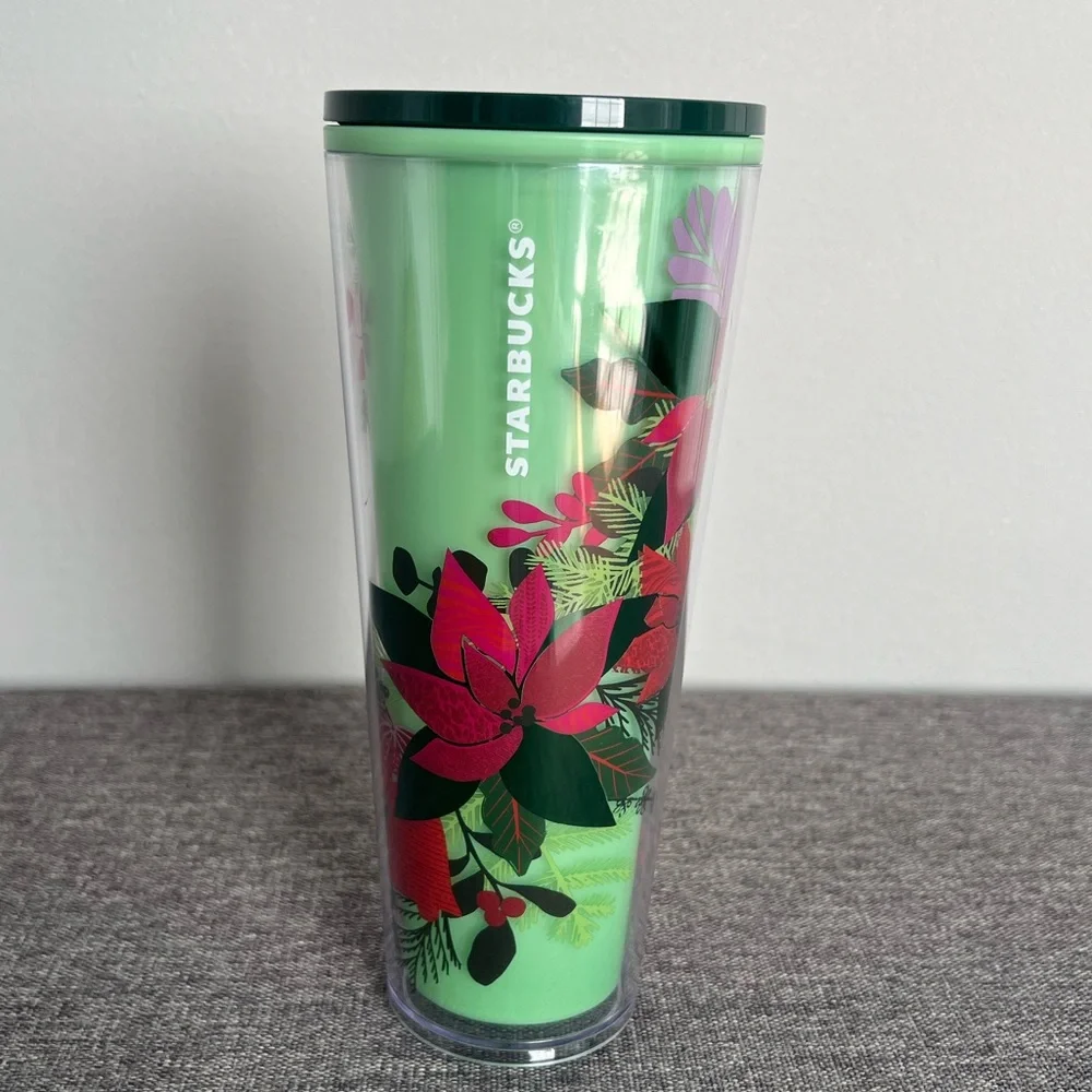 Starbucks Green Red Poinsettia Cold Tumbler 2021 Color Changing Holiday NO STRAW